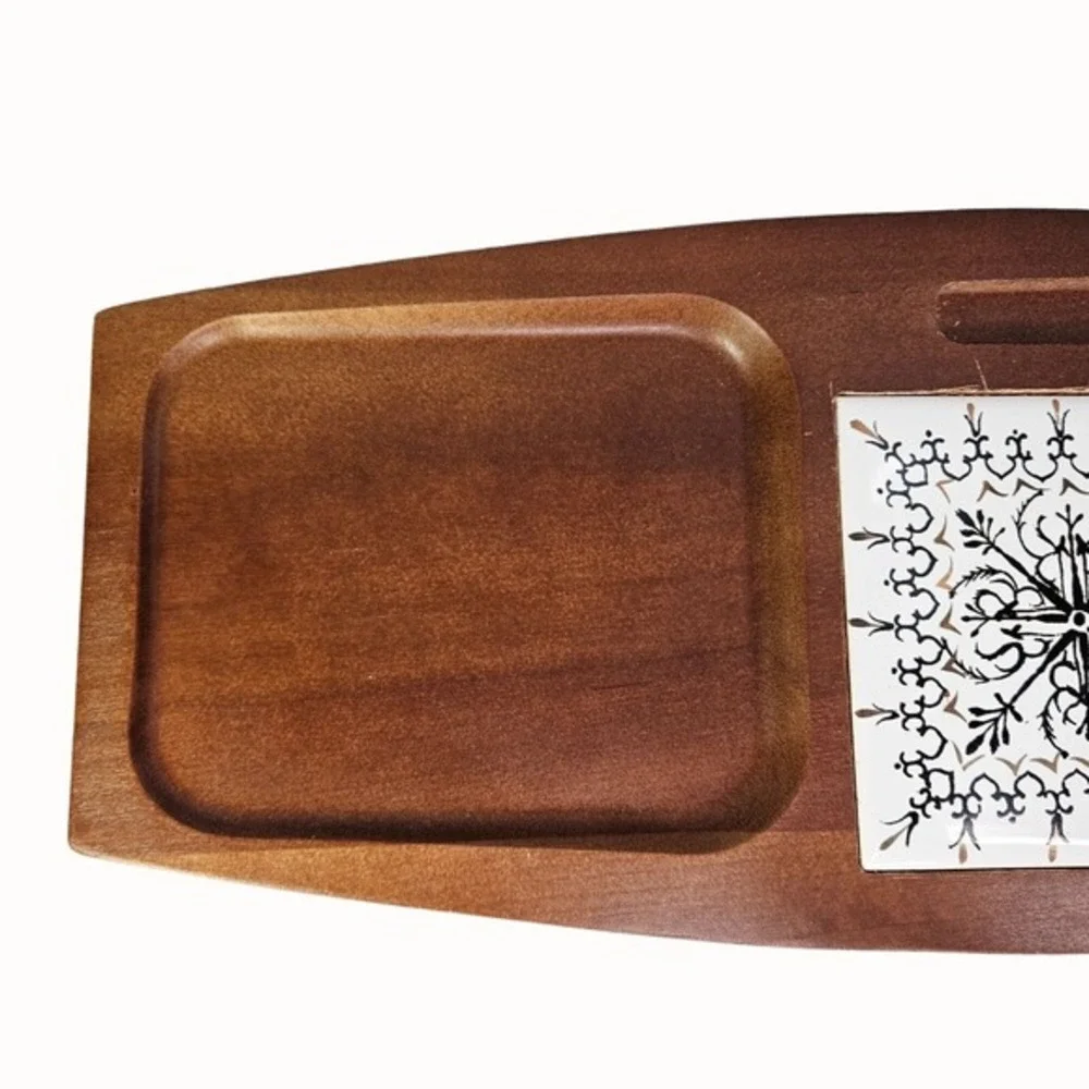 Cheese Board Set With Knife Ceramic Tile MCM‎ Hardwood Japan Mid Century Has Box